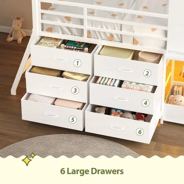 Alt view image 6 of 7 - Twin - Low Loft Bed with Kids Clothing Rack, Kids Loft Bed, Loft Bed with Tent, Toy Storage Box, Safety Guardrail, LED Light, Under-Hide and Seek Bed Play Space (White)
