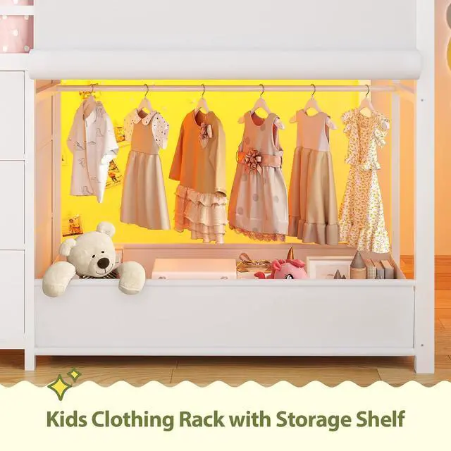 Alt view image 7 of 7 - Twin - Low Loft Bed with Kids Clothing Rack, Kids Loft Bed, Loft Bed with Tent, Toy Storage Box, Safety Guardrail, LED Light, Under-Hide and Seek Bed Play Space (White)