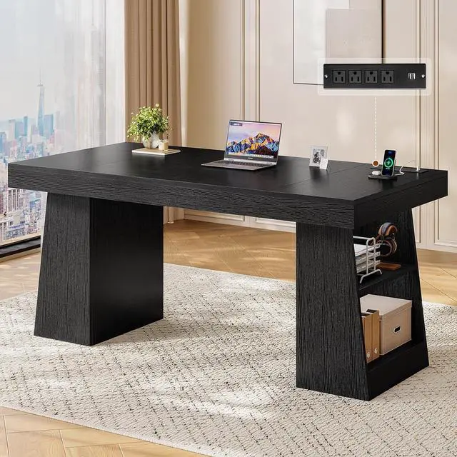 Main image of 55.9 in Executive Desk with Power Outlets, Modern Home Office Desk with Storage Shelves, Wood Computer Desk Business Workstation Desk Conference Table, Black (Storage Shelves)