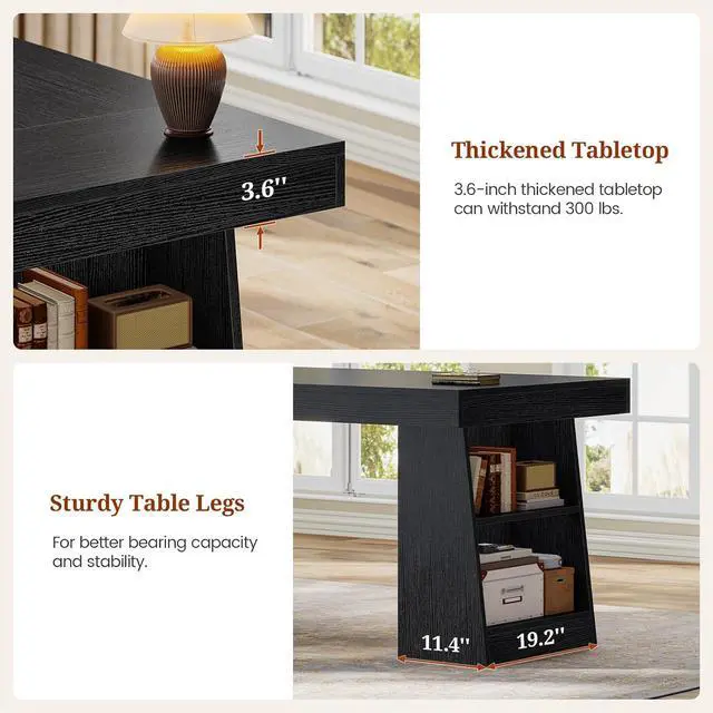 Alt view image 7 of 7 - 55.9 in Executive Desk with Power Outlets, Modern Home Office Desk with Storage Shelves, Wood Computer Desk Business Workstation Desk Conference Table, Black (Storage Shelves)