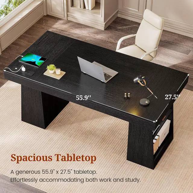 Alt view image 6 of 7 - 55.9 in Executive Desk with Power Outlets, Modern Home Office Desk with Storage Shelves, Wood Computer Desk Business Workstation Desk Conference Table, Black (Storage Shelves)