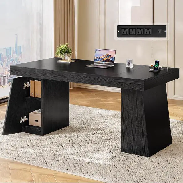 Main image of 55.9 in Executive Desk with Power Outlets, Modern Home Office Desk with Storage Cabinet, Wood Computer Desk Business Workstation Desk Conference Table, Black (Storage Cabinet)