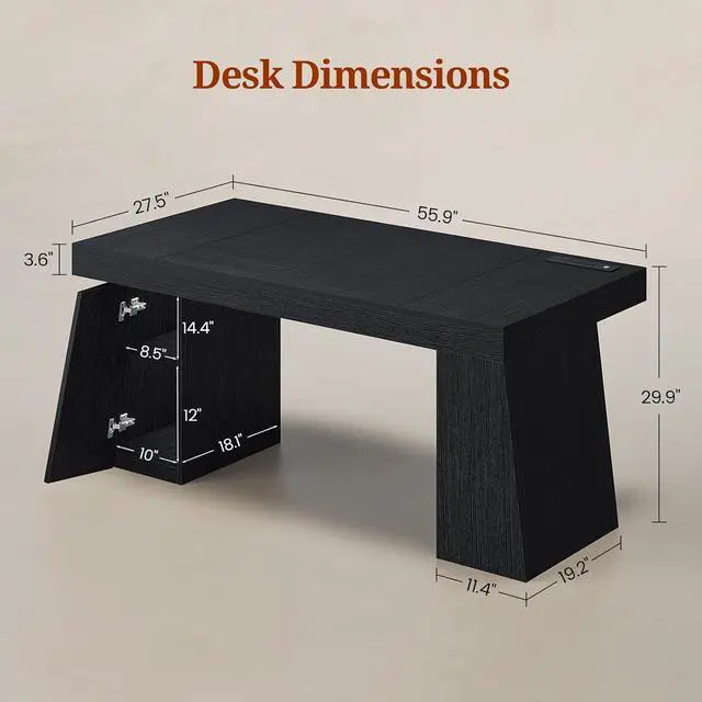 Alt view image 2 of 7 - 55.9 in Executive Desk with Power Outlets, Modern Home Office Desk with Storage Cabinet, Wood Computer Desk Business Workstation Desk Conference Table, Black (Storage Cabinet)