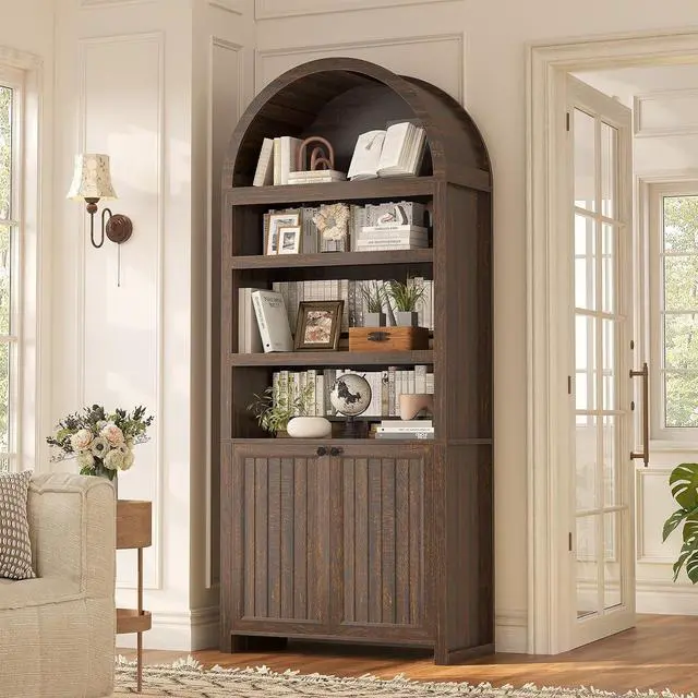 Main image of 81" Tall Arched Cabinets,Bookcase with storage,Mid-Century Modern 6-Tier Bookshelf with Door,2 Book Risers and Adjustable Shelves offering more storage space for Living Room,Kitchen,Home Office,Walnut