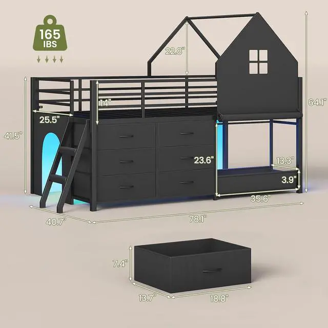 Alt view image 2 of 7 - Twin Low Loft Bed for Kids with Clothing Rack, Tent, Toy Storage Box, LED Light, Safety Guardrail, Black