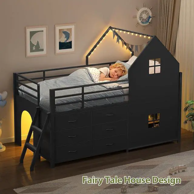 Alt view image 3 of 7 - Twin Low Loft Bed for Kids with Clothing Rack, Tent, Toy Storage Box, LED Light, Safety Guardrail, Black