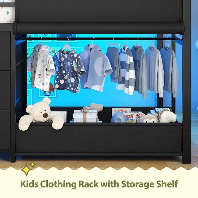 Alt view image 4 of 7 - Twin Low Loft Bed for Kids with Clothing Rack, Tent, Toy Storage Box, LED Light, Safety Guardrail, Black
