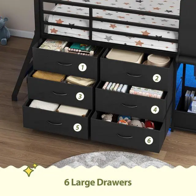 Alt view image 6 of 7 - Twin Low Loft Bed for Kids with Clothing Rack, Tent, Toy Storage Box, LED Light, Safety Guardrail, Black