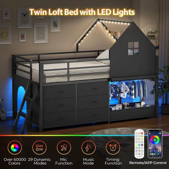 Alt view image 7 of 7 - Twin Low Loft Bed for Kids with Clothing Rack, Tent, Toy Storage Box, LED Light, Safety Guardrail, Black