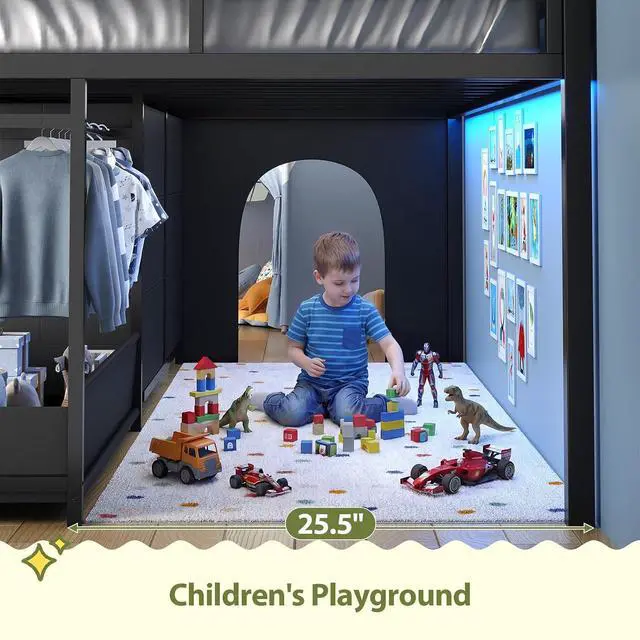 Alt view image 5 of 7 - Twin Low Loft Bed for Kids with Clothing Rack, Tent, Toy Storage Box, LED Light, Safety Guardrail, Black