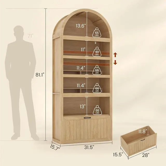 Alt view image 2 of 7 - 81" Tall Arched Cabinets,Bookcase with Drawer storage,Mid-Century Modern 5-Tier Bookshelf,2 Book Risers and Adjustable Shelves offering more storage space for Living Room,Kitchen,Home Office,Oak