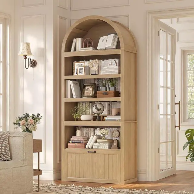 Main image of 81" Tall Arched Cabinets,Bookcase with Drawer storage,Mid-Century Modern 5-Tier Bookshelf,2 Book Risers and Adjustable Shelves offering more storage space for Living Room,Kitchen,Home Office,Oak