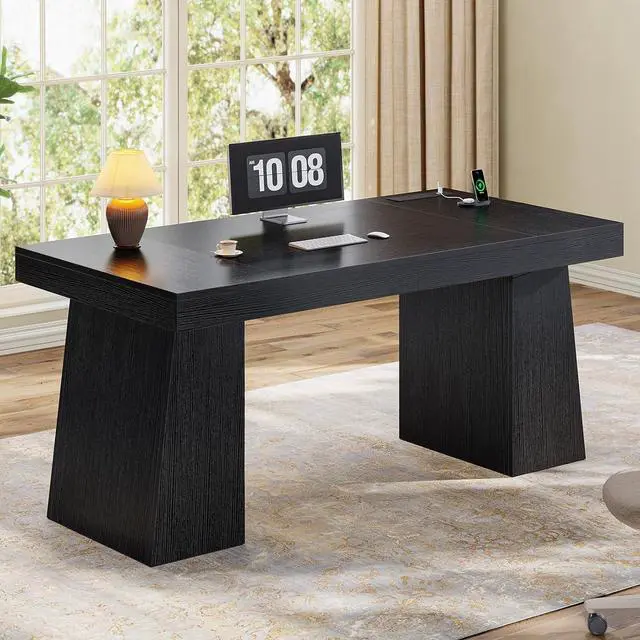 Alt view image 5 of 7 - 55.9 in Executive Desk with Power Outlets, Modern Home Office Desk with Storage Cabinet, Wood Computer Desk Business Workstation Desk Conference Table, Black (Storage Cabinet)