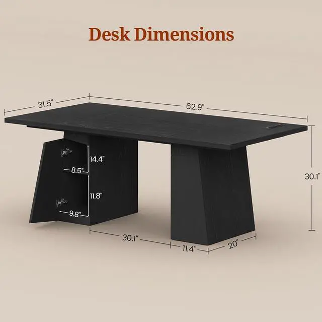 Alt view image 2 of 7 - 63 in Executive Desk with Power Outlets, Modern Home Office Desk with Storage Cabinet, Wood Computer Desk Business Workstation Desk Conference Table Black
