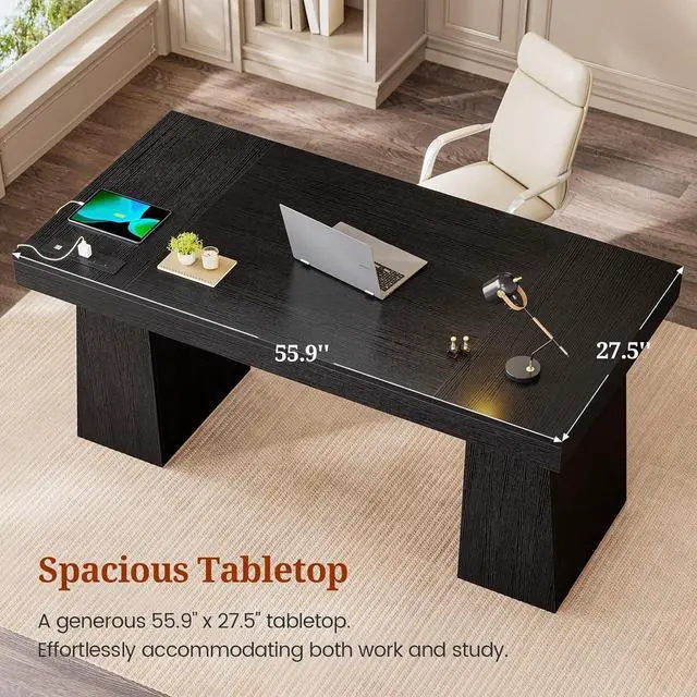 Alt view image 7 of 7 - 55.9 in Executive Desk with Power Outlets, Modern Home Office Desk with Storage Cabinet, Wood Computer Desk Business Workstation Desk Conference Table, Black (Storage Cabinet)