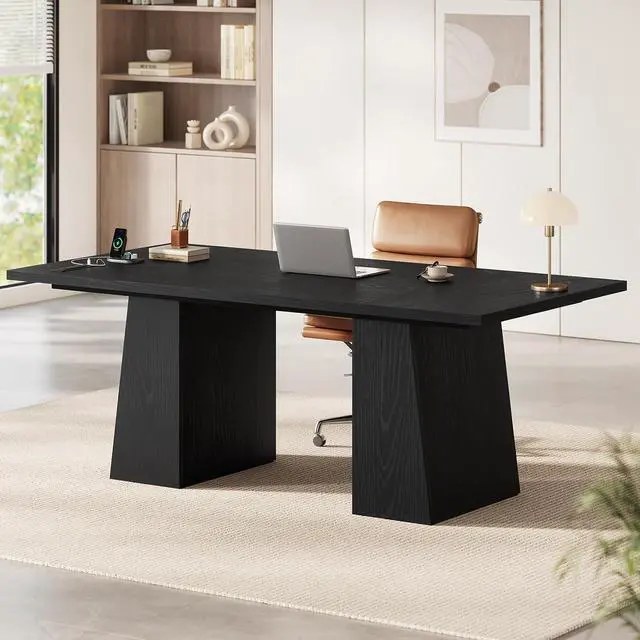 Alt view image 6 of 7 - 63 in Executive Desk with Power Outlets, Modern Home Office Desk with Storage Cabinet, Wood Computer Desk Business Workstation Desk Conference Table Black