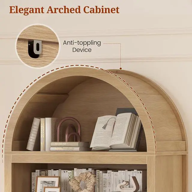 Alt view image 4 of 7 - 81" Tall Arched Cabinets,Bookcase with Drawer storage,Mid-Century Modern 5-Tier Bookshelf,2 Book Risers and Adjustable Shelves offering more storage space for Living Room,Kitchen,Home Office,Oak