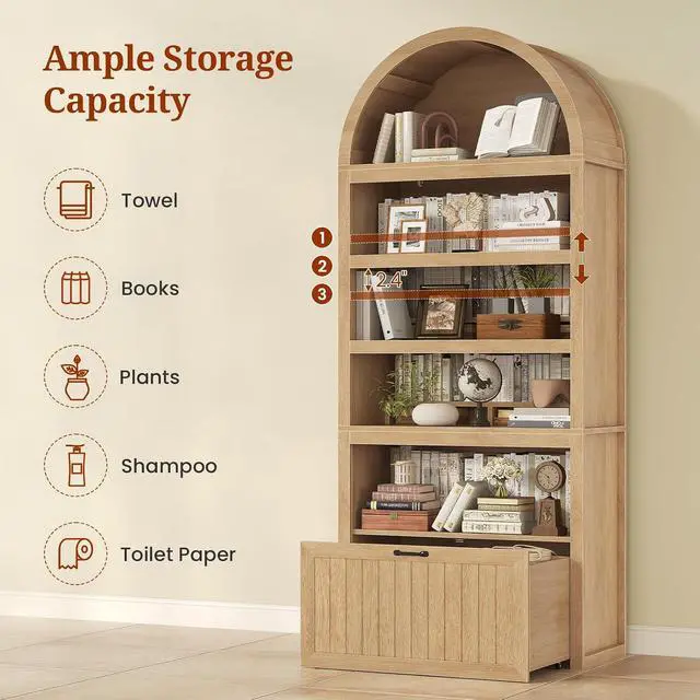 Alt view image 5 of 7 - 81" Tall Arched Cabinets,Bookcase with Drawer storage,Mid-Century Modern 5-Tier Bookshelf,2 Book Risers and Adjustable Shelves offering more storage space for Living Room,Kitchen,Home Office,Oak