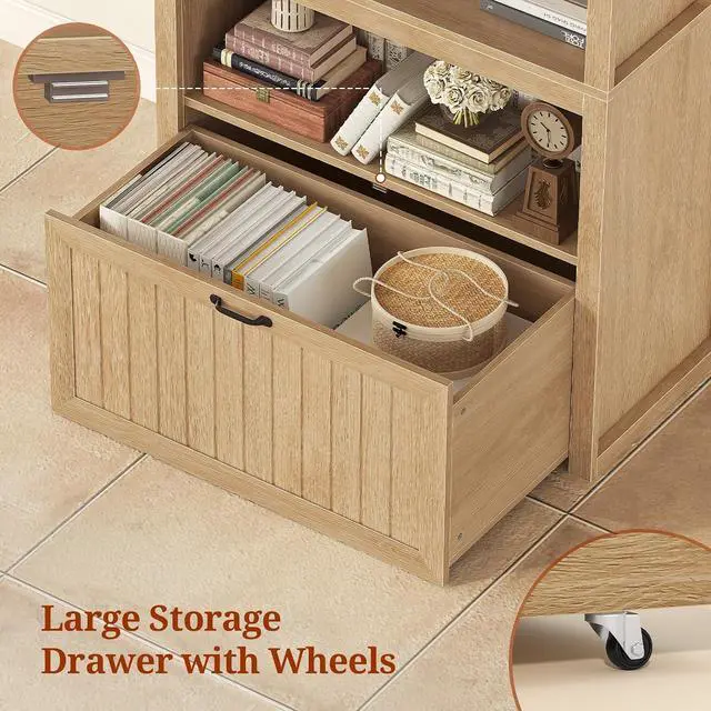 Alt view image 3 of 7 - 81" Tall Arched Cabinets,Bookcase with Drawer storage,Mid-Century Modern 5-Tier Bookshelf,2 Book Risers and Adjustable Shelves offering more storage space for Living Room,Kitchen,Home Office,Oak
