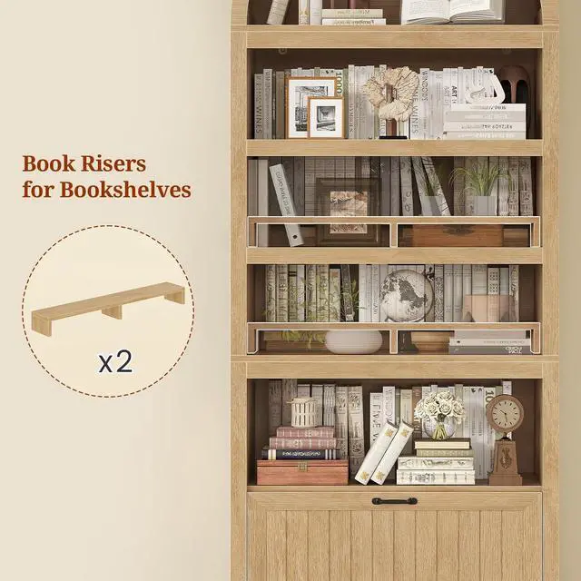 Alt view image 6 of 7 - 81" Tall Arched Cabinets,Bookcase with Drawer storage,Mid-Century Modern 5-Tier Bookshelf,2 Book Risers and Adjustable Shelves offering more storage space for Living Room,Kitchen,Home Office,Oak