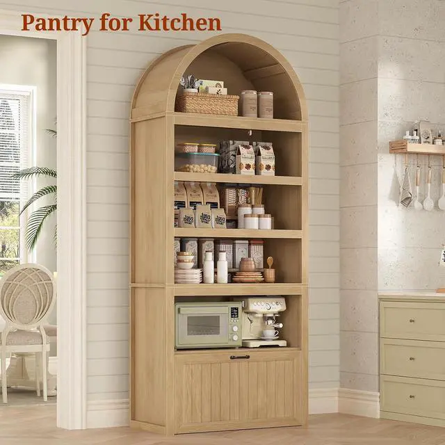 Alt view image 7 of 7 - 81" Tall Arched Cabinets,Bookcase with Drawer storage,Mid-Century Modern 5-Tier Bookshelf,2 Book Risers and Adjustable Shelves offering more storage space for Living Room,Kitchen,Home Office,Oak