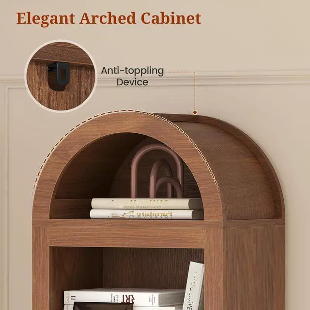 Alt view image 4 of 7 - 76" Tall Narrow Arched Bookcase,7-Teir Mid-Century Modern Bookshelf,Adjustable Shelves offering More Storage Space for Living Room,Kitchen,Home Office (Brown, Narrow)