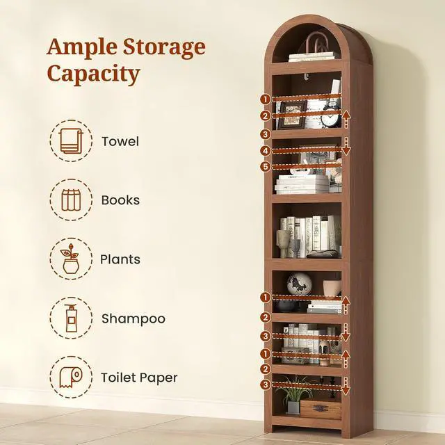 Alt view image 3 of 7 - 76" Tall Narrow Arched Bookcase,7-Teir Mid-Century Modern Bookshelf,Adjustable Shelves offering More Storage Space for Living Room,Kitchen,Home Office (Brown, Narrow)