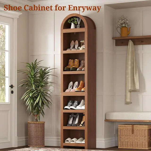 Alt view image 5 of 7 - 76" Tall Narrow Arched Bookcase,7-Teir Mid-Century Modern Bookshelf,Adjustable Shelves offering More Storage Space for Living Room,Kitchen,Home Office (Brown, Narrow)