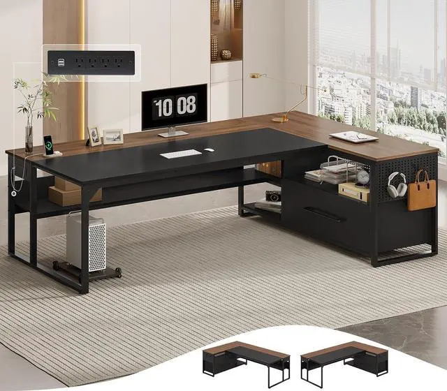 Main image of 71" Executive Desk, Large Office Desk with Widen File Drawers & Power Outlets, Reversible L Shaped Computer Desk Corner Desk with Storage Shelves, CPU Stand, Hooks, Business Furniture (Walnut)