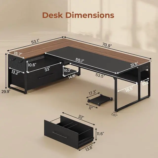 Alt view image 2 of 7 - 71" Executive Desk, Large Office Desk with Widen File Drawers & Power Outlets, Reversible L Shaped Computer Desk Corner Desk with Storage Shelves, CPU Stand, Hooks, Business Furniture (Walnut)