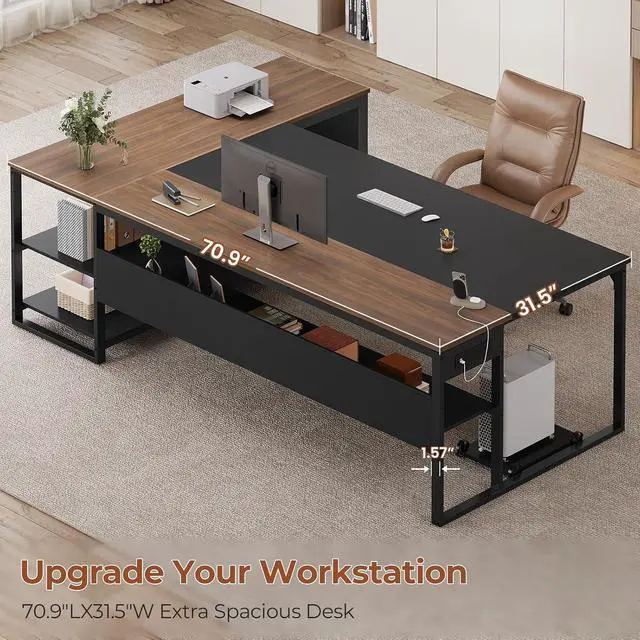 Alt view image 4 of 7 - 71" Executive Desk, Large Office Desk with Widen File Drawers & Power Outlets, Reversible L Shaped Computer Desk Corner Desk with Storage Shelves, CPU Stand, Hooks, Business Furniture (Walnut)