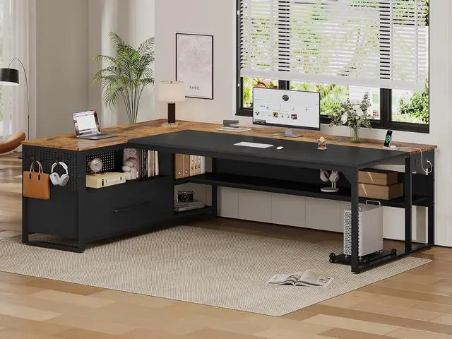 Alt view image 2 of 7 - 71" Executive Desk, Large Office Desk with Widen File Drawers & Power Outlets, Reversible L Shaped Computer Desk Corner Desk with Storage Shelves, CPU Stand, Hooks, Business Furniture