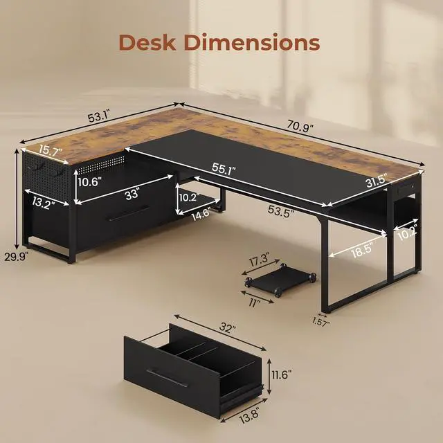 Alt view image 3 of 7 - 71" Executive Desk, Large Office Desk with Widen File Drawers & Power Outlets, Reversible L Shaped Computer Desk Corner Desk with Storage Shelves, CPU Stand, Hooks, Business Furniture