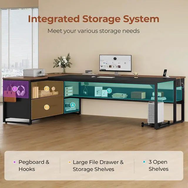 Alt view image 7 of 7 - 71" Executive Desk, Large Office Desk with Widen File Drawers & Power Outlets, Reversible L Shaped Computer Desk Corner Desk with Storage Shelves, CPU Stand, Hooks, Business Furniture (Walnut)