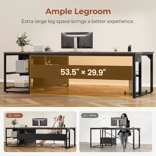 Alt view image 5 of 7 - 71" Executive Desk, Large Office Desk with Widen File Drawers & Power Outlets, Reversible L Shaped Computer Desk Corner Desk with Storage Shelves, CPU Stand, Hooks, Business Furniture (Walnut)