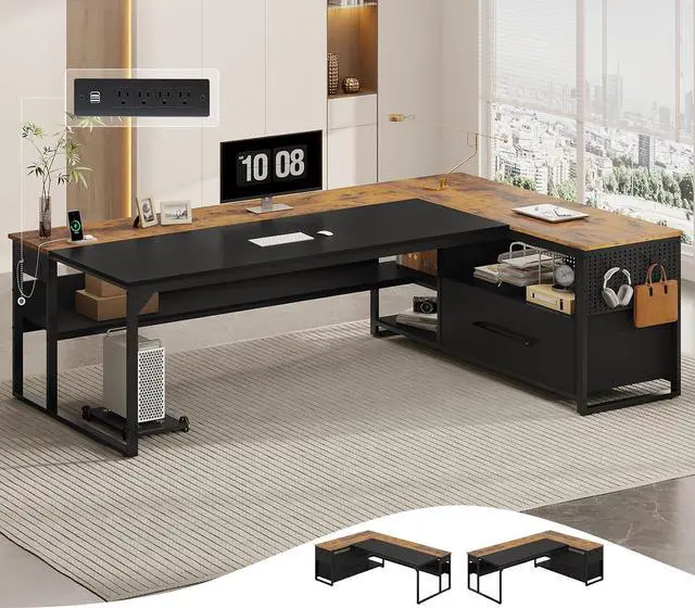 Main image of 71" Executive Desk, Large Office Desk with Widen File Drawers & Power Outlets, Reversible L Shaped Computer Desk Corner Desk with Storage Shelves, CPU Stand, Hooks, Business Furniture