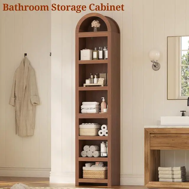 Alt view image 6 of 7 - 76" Tall Narrow Arched Bookcase,7-Teir Mid-Century Modern Bookshelf,Adjustable Shelves offering More Storage Space for Living Room,Kitchen,Home Office (Brown, Narrow)