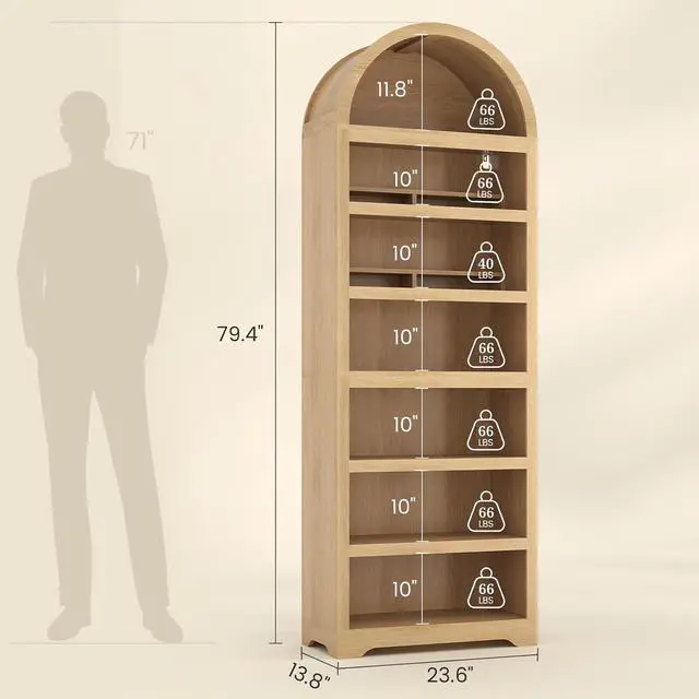Alt view image 2 of 7 - 79.4" Tall Arched Cabinet,Bookcase with Storage,Mid-Century Modern 7-Tier Bookshelf with RGB Light,2 Book Risers,Adjustable Shelf offering More Space for Living Room,Kitchen,Home Office(Oak)