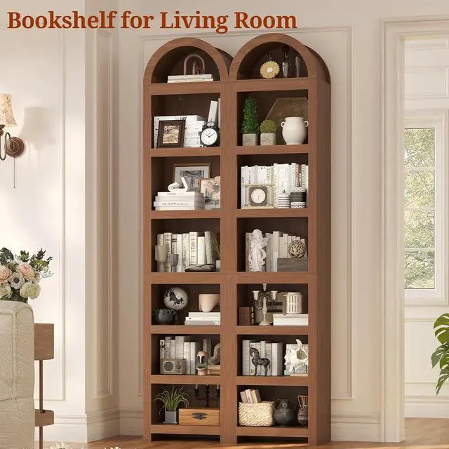 Alt view image 7 of 7 - 76" Tall Narrow Arched Bookcase,7-Teir Mid-Century Modern Bookshelf,Adjustable Shelves offering More Storage Space for Living Room,Kitchen,Home Office (Brown, Narrow)