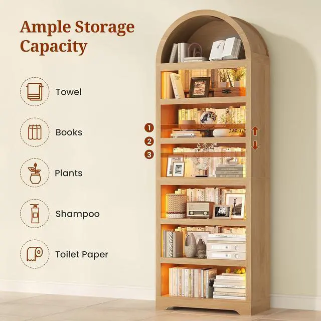 Alt view image 3 of 7 - 79.4" Tall Arched Cabinet,Bookcase with Storage,Mid-Century Modern 7-Tier Bookshelf with RGB Light,2 Book Risers,Adjustable Shelf offering More Space for Living Room,Kitchen,Home Office(Oak)