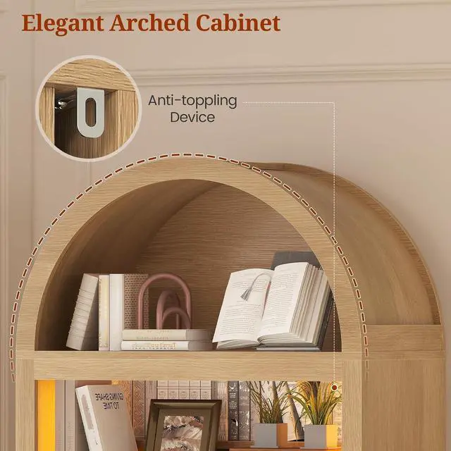 Alt view image 5 of 7 - 79.4" Tall Arched Cabinet,Bookcase with Storage,Mid-Century Modern 7-Tier Bookshelf with RGB Light,2 Book Risers,Adjustable Shelf offering More Space for Living Room,Kitchen,Home Office(Oak)