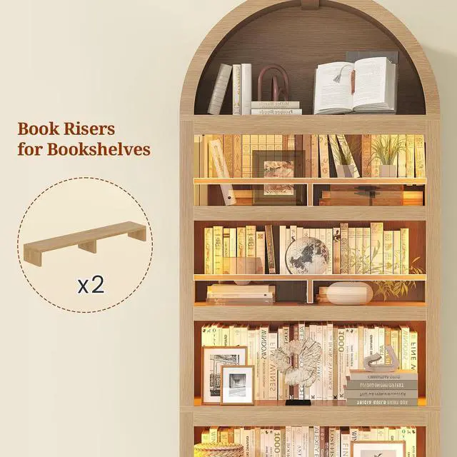 Alt view image 6 of 7 - 79.4" Tall Arched Cabinet,Bookcase with Storage,Mid-Century Modern 7-Tier Bookshelf with RGB Light,2 Book Risers,Adjustable Shelf offering More Space for Living Room,Kitchen,Home Office(Oak)