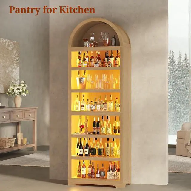 Alt view image 7 of 7 - 79.4" Tall Arched Cabinet,Bookcase with Storage,Mid-Century Modern 7-Tier Bookshelf with RGB Light,2 Book Risers,Adjustable Shelf offering More Space for Living Room,Kitchen,Home Office(Oak)
