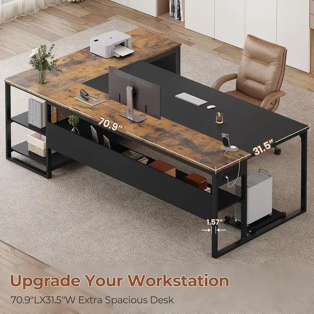 Alt view image 4 of 7 - 71" Executive Desk, Large Office Desk with Widen File Drawers & Power Outlets, Reversible L Shaped Computer Desk Corner Desk with Storage Shelves, CPU Stand, Hooks, Business Furniture
