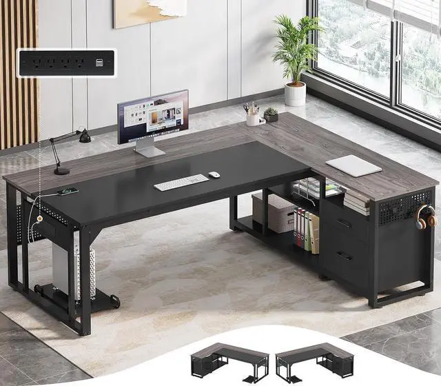 Main image of 71 in Executive Desk with Power Outlets, Reversible L Shaped Computer Desk with File Drawers & Storage Shelves, Large Office Desk with Pegboard, Mobile CPU Stand, Modern Corner Desk (Grey)