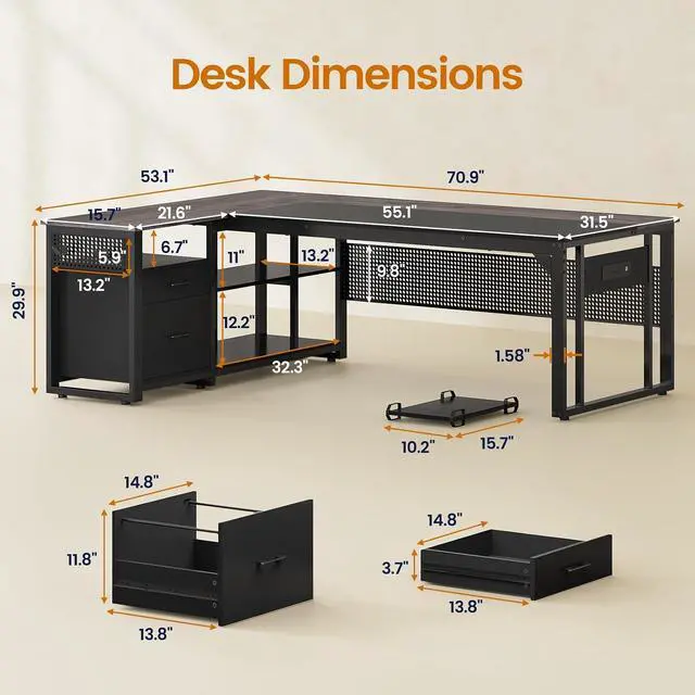 Alt view image 2 of 7 - 71 in Executive Desk with Power Outlets, Reversible L Shaped Computer Desk with File Drawers & Storage Shelves, Large Office Desk with Pegboard, Mobile CPU Stand, Modern Corner Desk (Grey)