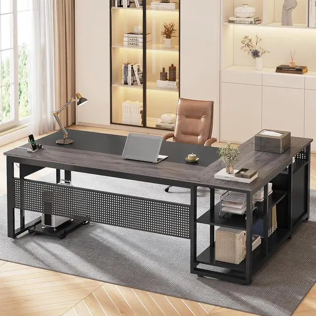Alt view image 3 of 7 - 71 in Executive Desk with Power Outlets, Reversible L Shaped Computer Desk with File Drawers & Storage Shelves, Large Office Desk with Pegboard, Mobile CPU Stand, Modern Corner Desk (Grey)