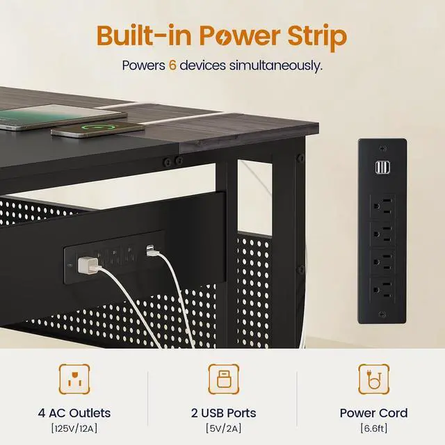 Alt view image 4 of 7 - 71 in Executive Desk with Power Outlets, Reversible L Shaped Computer Desk with File Drawers & Storage Shelves, Large Office Desk with Pegboard, Mobile CPU Stand, Modern Corner Desk (Grey)