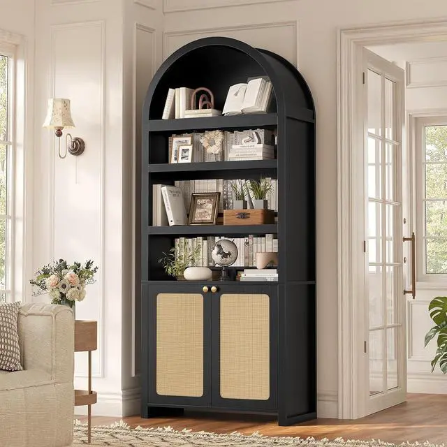 Main image of 81" Tall Arched Cabinets,Bookcase with storage,Mid-Century Modern 6-Tier Bookshelf with Door,2 Book Risers and Adjustable Shelves offering more storage space for Living Room,Home Office,Black+Oak