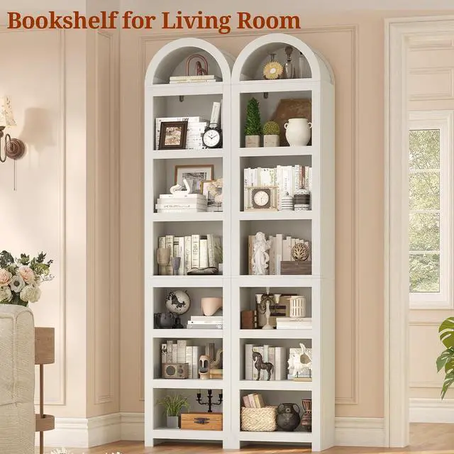 Alt view image 7 of 7 - 76" Tall Narrow Arched Bookcase,7-Teir Mid-Century Modern Bookshelf,Adjustable Shelves offering More Storage Space for Living Room,Kitchen,Home Office(Antique White, Narrow)